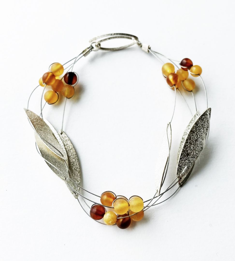 Neshka Krusche - 12 Amber Bead and Silver Leaf Bracelet