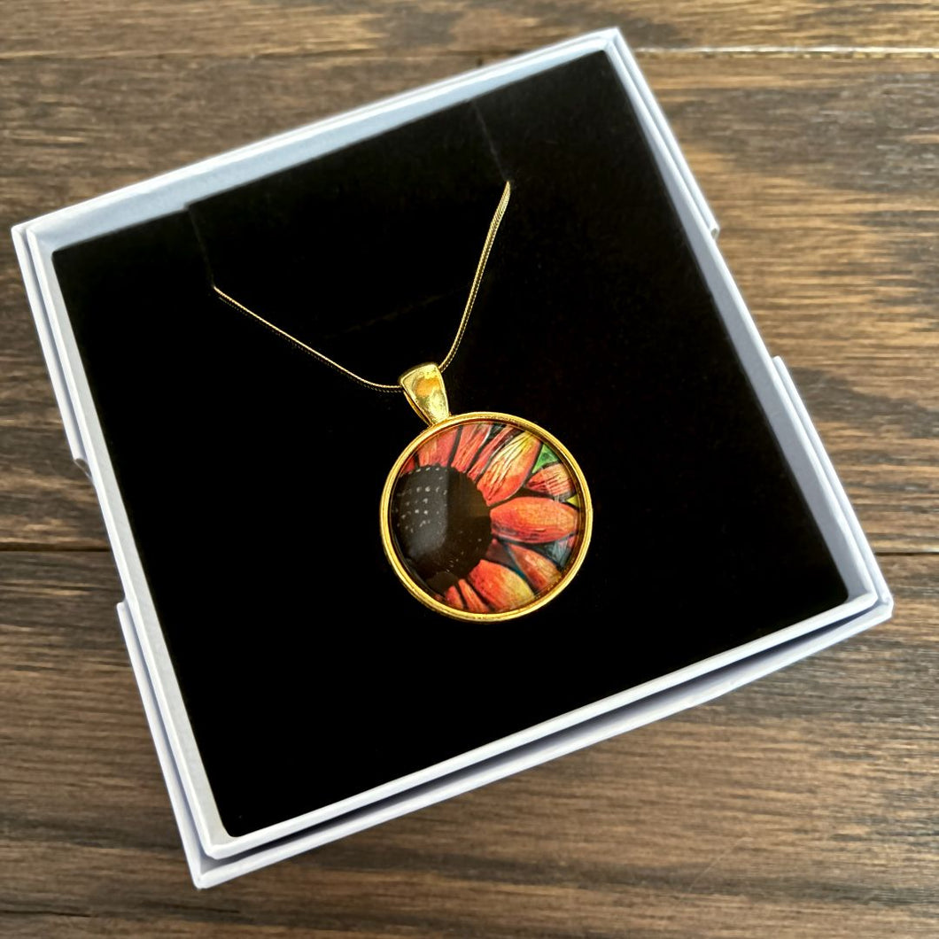 Kathy Lycka - Necklace Sunflower Red Gold Circle