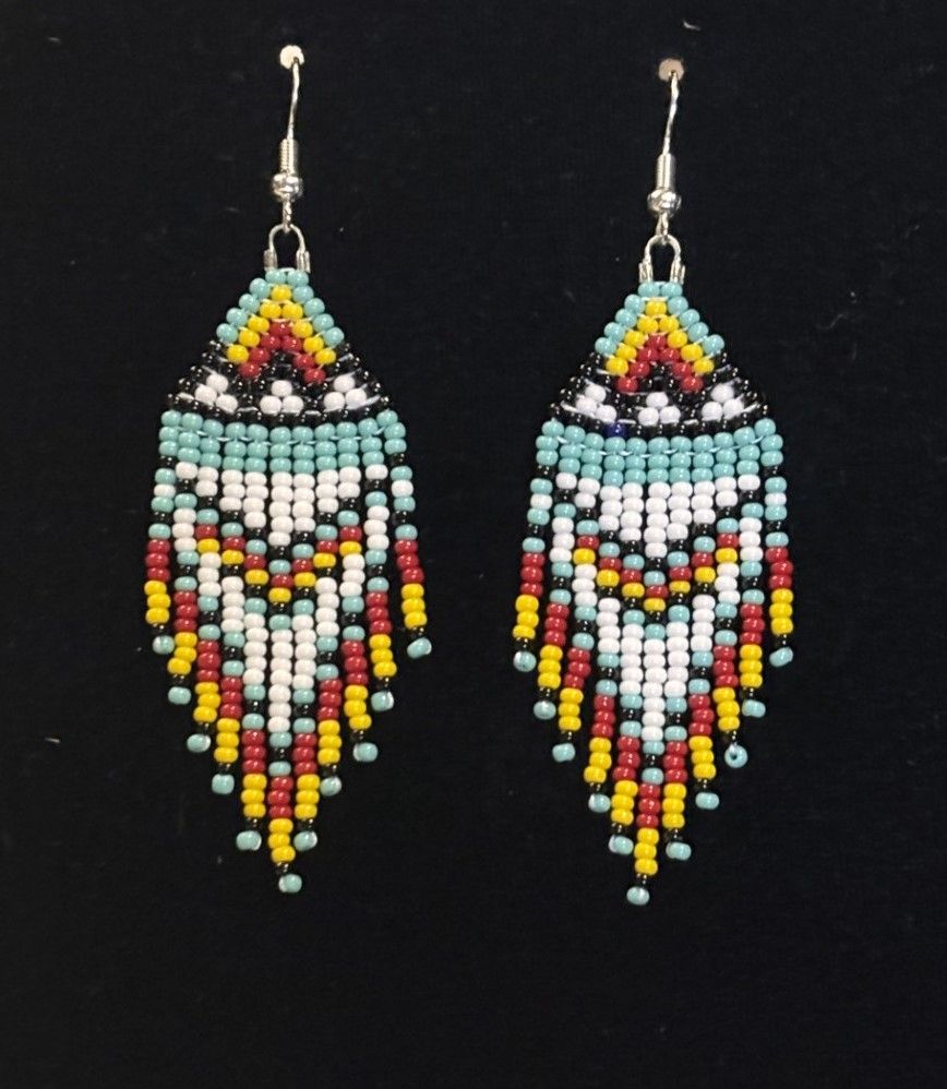 Karen Risbey - Red, Yellow, Teal, White Fringe with Black Triangle Earrings