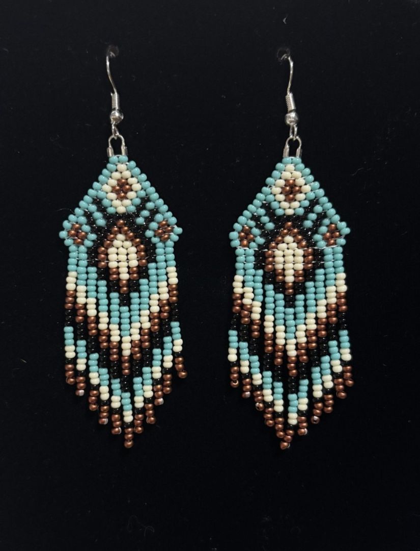 Karen Risbey - Teal, White, and Brown Fringe Earrings