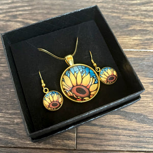 Kathy Lycka - Earring / Necklace Sunflower Cluster Gold Circle