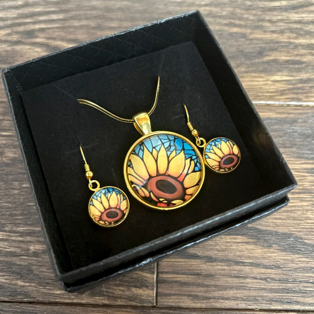 Kathy Lycka - Earring / Necklace Sunflower Cluster Gold Circle